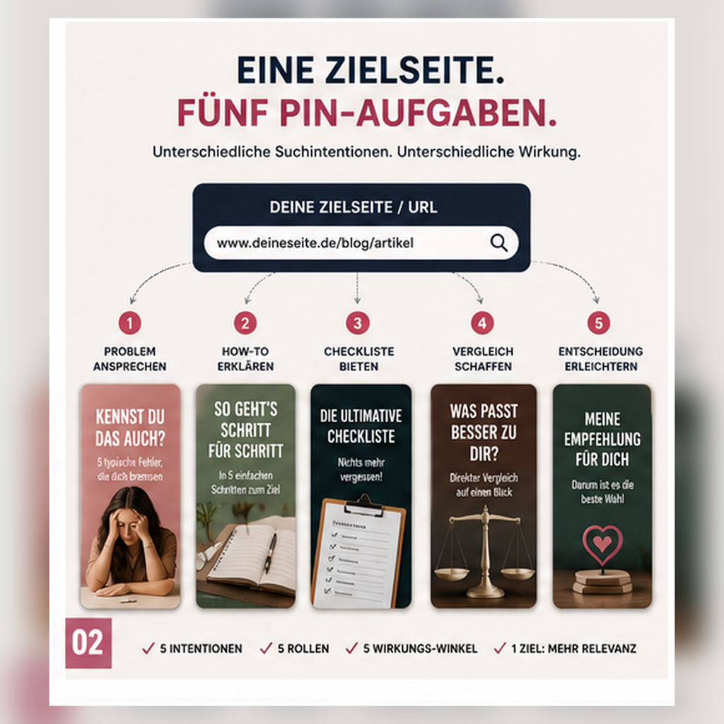 Eine Zielseite wird in fünf unterschiedliche Pinterest-Pins für Problem, Anleitung, Checkliste, Vergleich und Entscheidung aufgeteilt