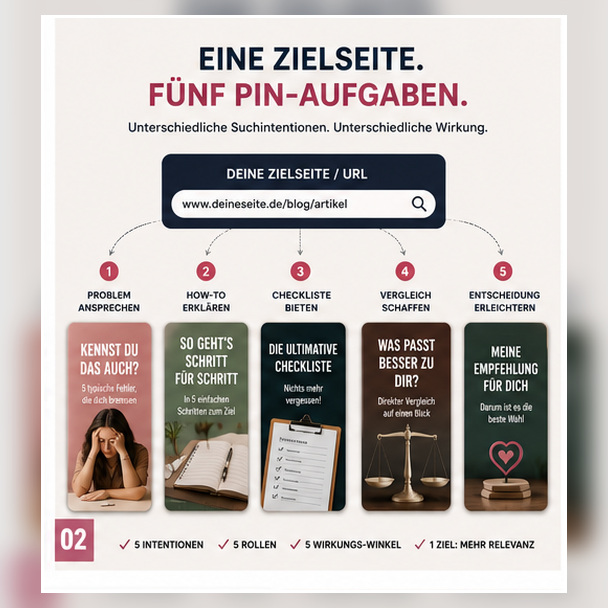 Eine Zielseite wird in fünf unterschiedliche Pinterest-Pins für Problem, Anleitung, Checkliste, Vergleich und Entscheidung aufgeteilt