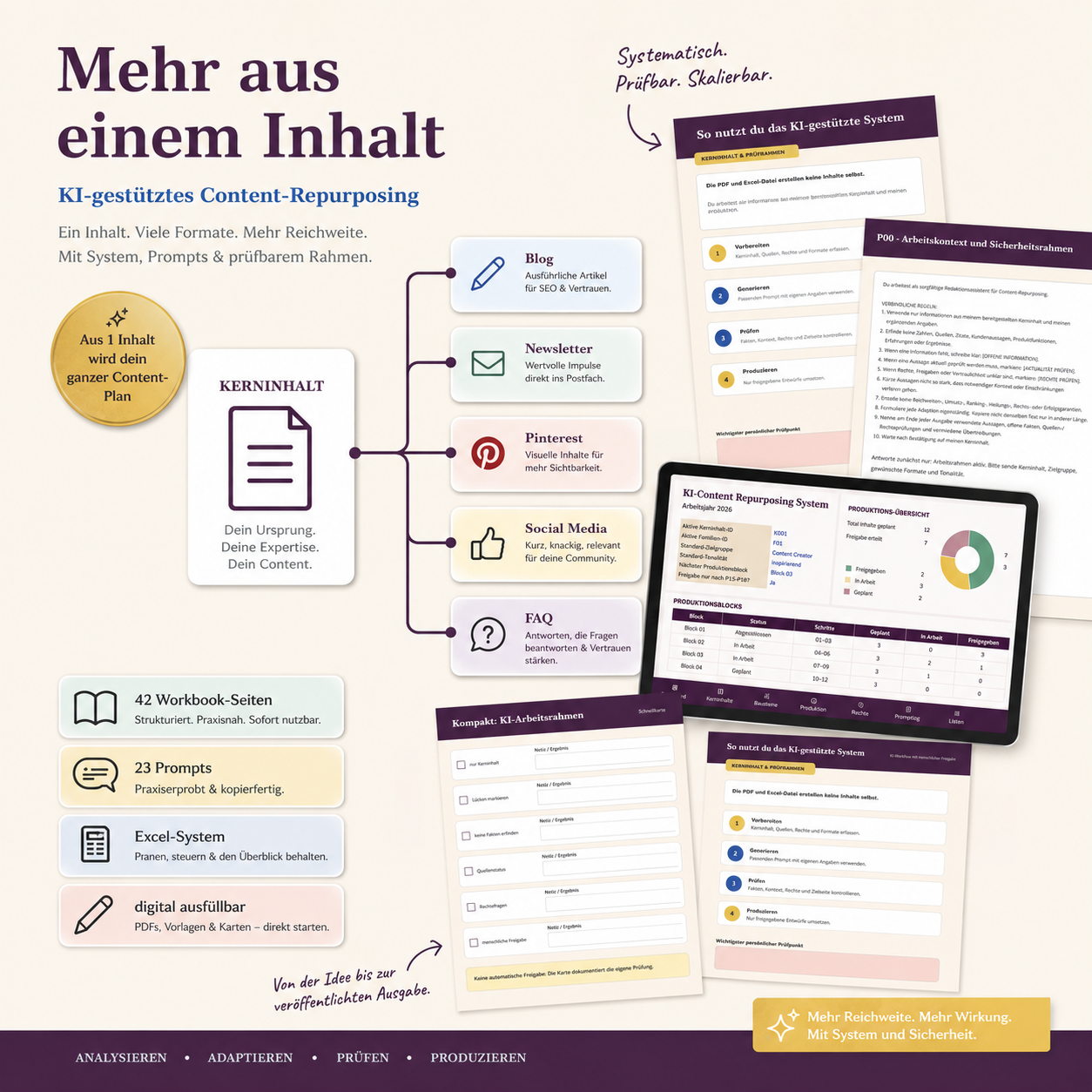 Übersichtsbild zum KI-gestützten Content-Repurposing-System mit Kerninhalt, Zielformaten, Workbook-Seiten und Excel-Dashboard