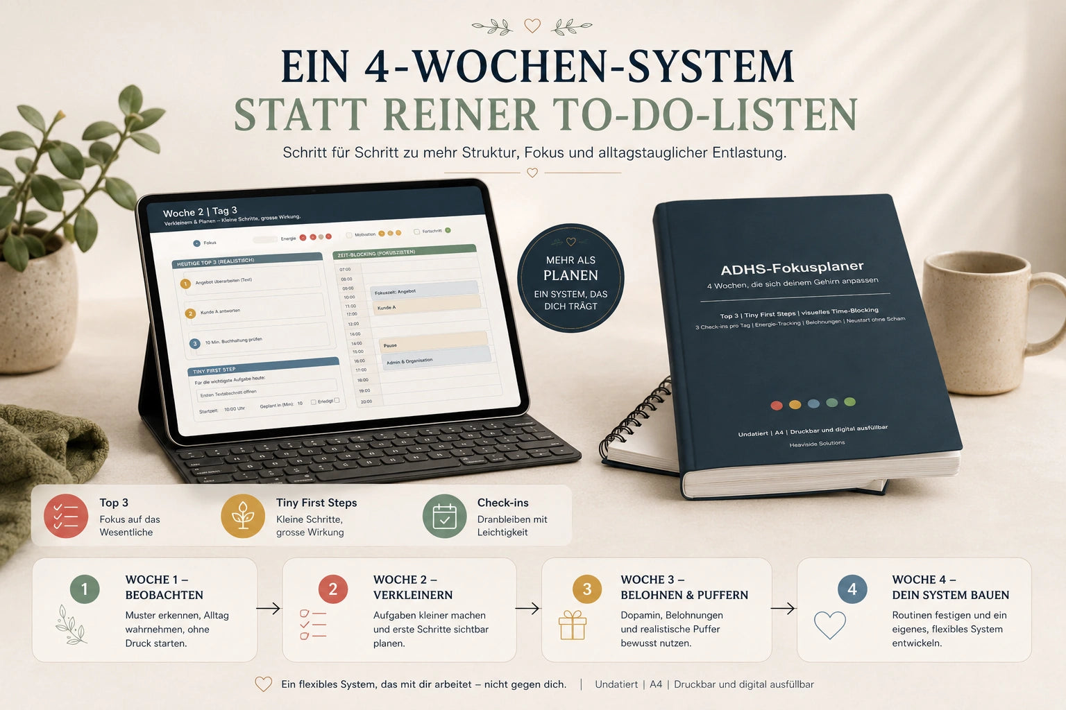 Vier-Wochen-ADHS-Fokusplaner mit Wochenphasen, Top 3, kleinen Startschritten und Check-ins
