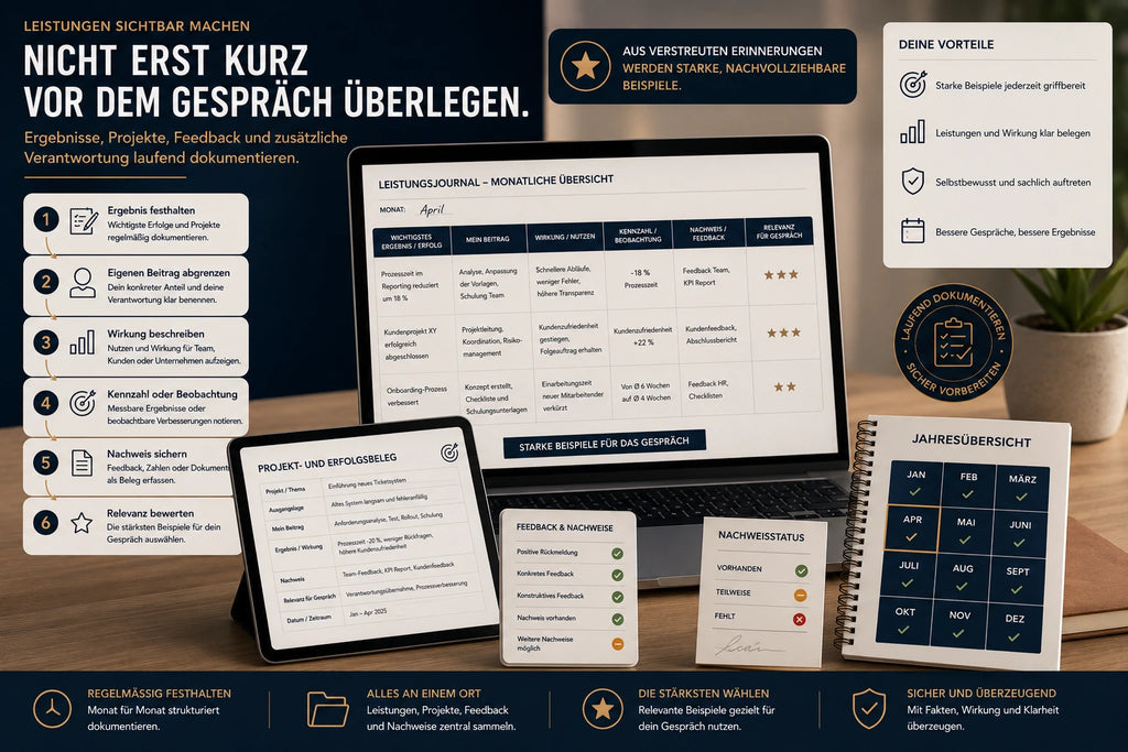 Leistungsjournal für Erfolge, Projekte, Feedback, Wirkung und Nachweise vor dem Mitarbeitergespräch