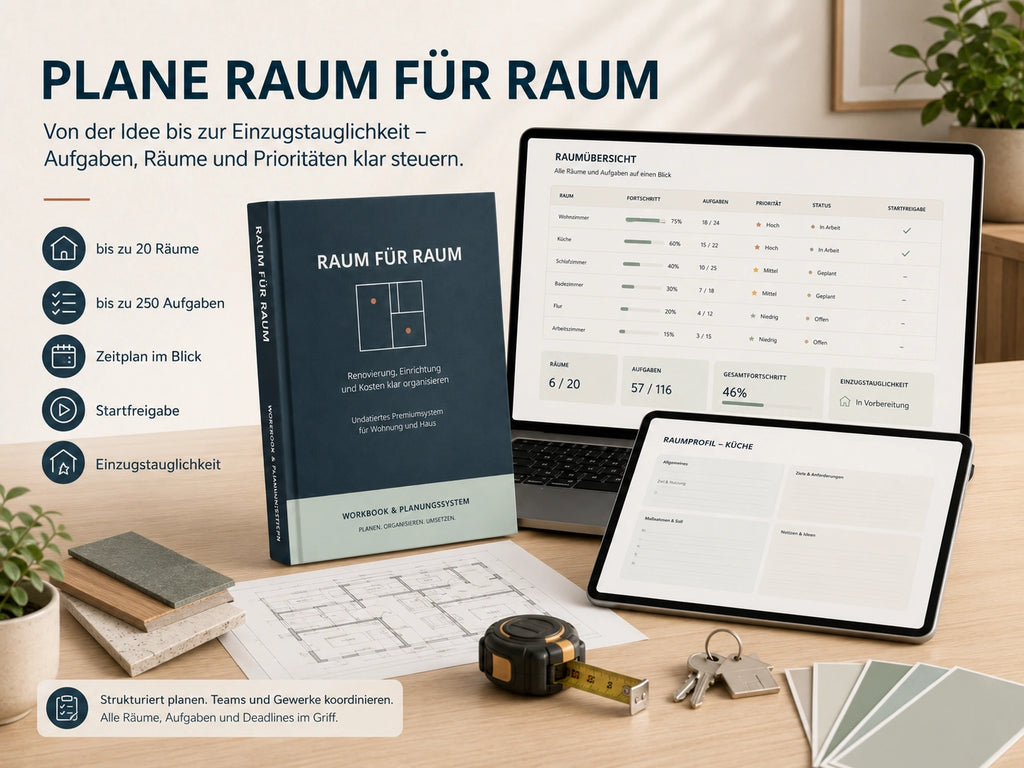 Renovierung Raum für Raum planen mit bis zu 20 Räumen, 250 Aufgaben, Zeitplan und Prüfung der Einzugstauglichkeit