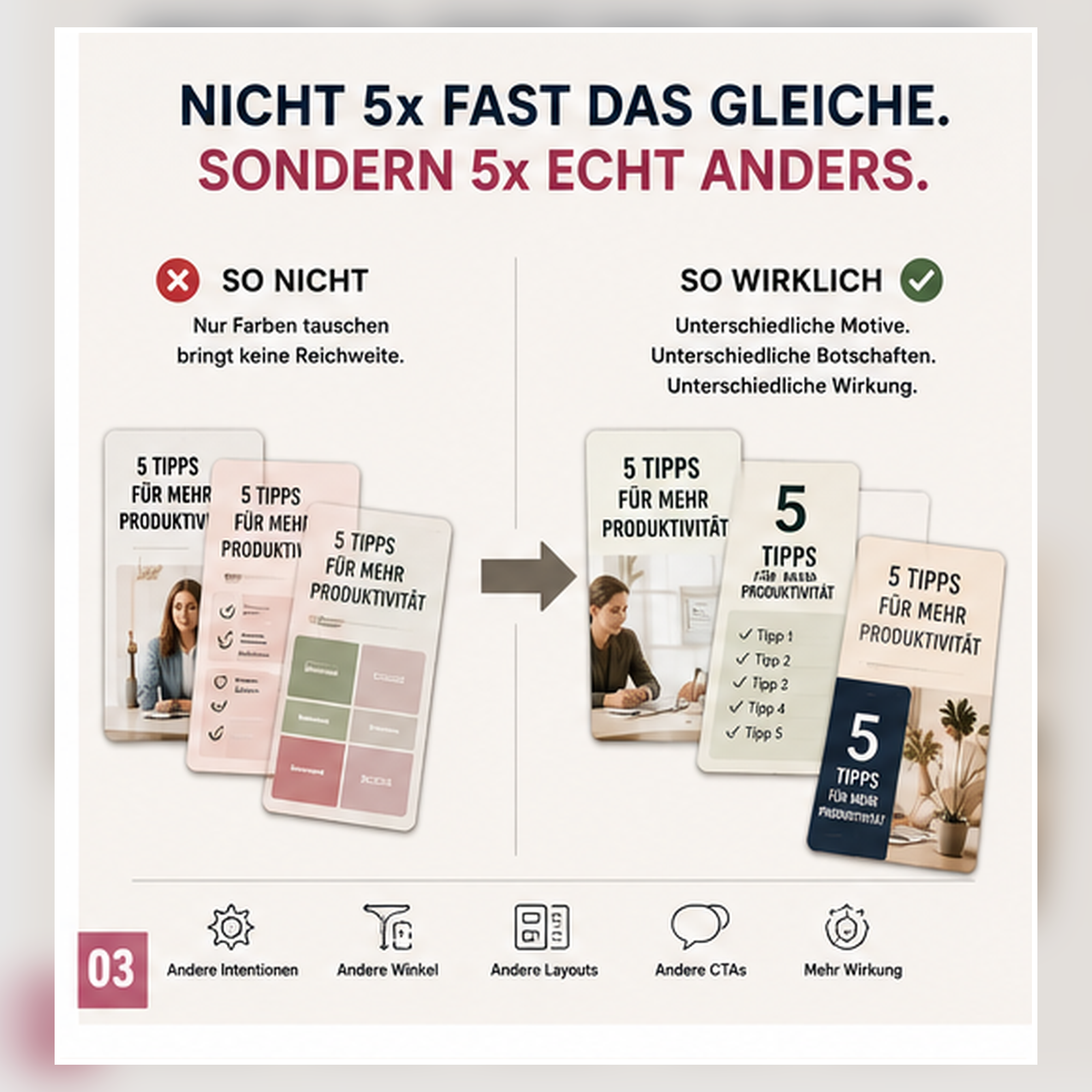 Vorher-Nachher-Vergleich zwischen ähnlichen Pinterest-Pins und einer abwechslungsreichen Pinserie mit verschiedenen Motiven, Layouts und Aussagen