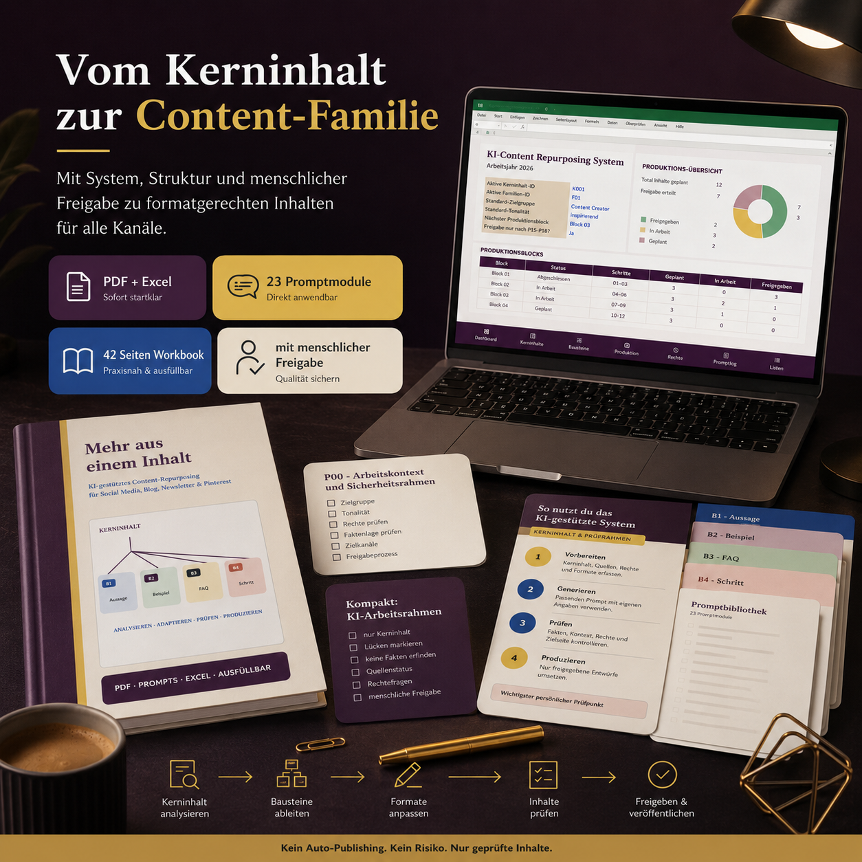 Produktbild zum Content-Repurposing mit Laptop, Workbook, Promptkarten und Prozessdarstellung vom Kerninhalt zur Content-Familie