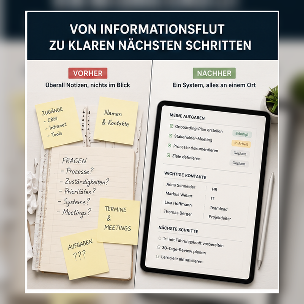 Vorher-Nachher-Darstellung vom unübersichtlichen Jobstart zum strukturierten Onboarding-System mit Aufgaben und Kontakten
