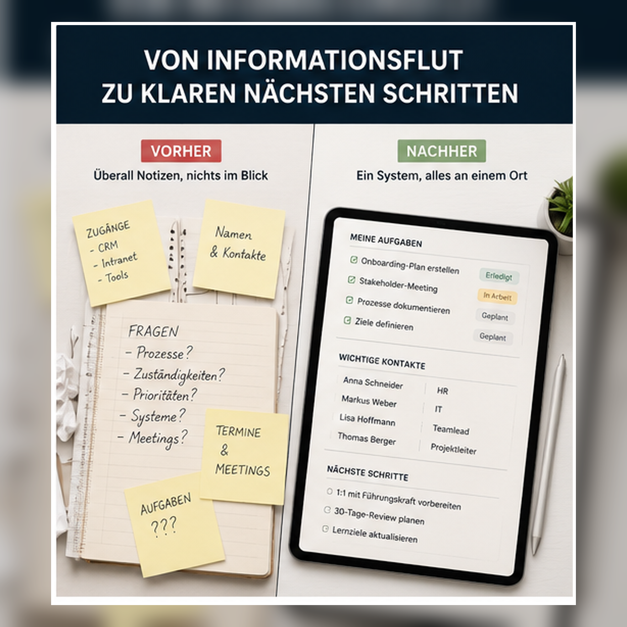 Vorher-Nachher-Darstellung vom unübersichtlichen Jobstart zum strukturierten Onboarding-System mit Aufgaben und Kontakten