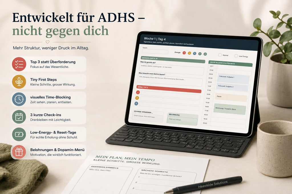 ADHS-Tagesplaner mit Top 3, visuellem Time-Blocking, Low-Energy-Tag und Belohnungen