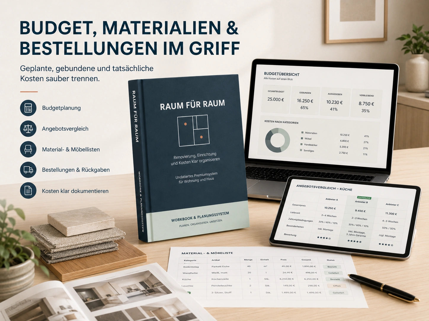 Renovierungsbudget, Angebote, Materialien, Möbel, Bestellungen und Rückgaben übersichtlich organisieren