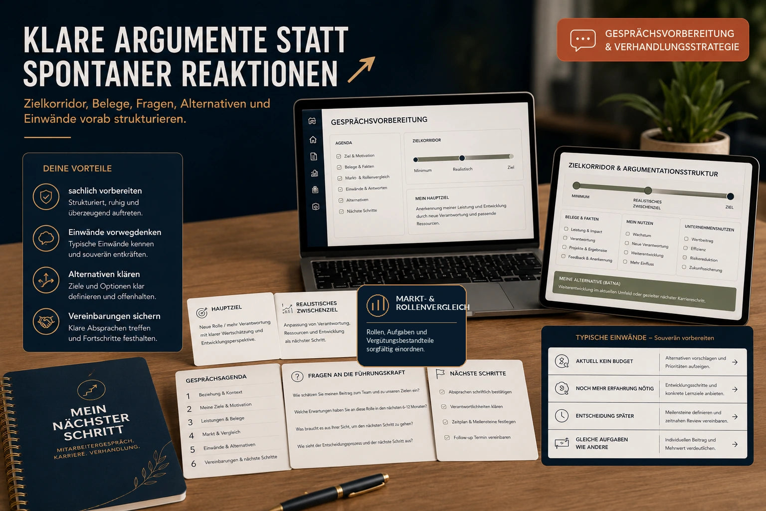 Gesprächsvorbereitung und Verhandlungsstrategie mit Zielkorridor, Argumenten, Einwänden und Alternativen