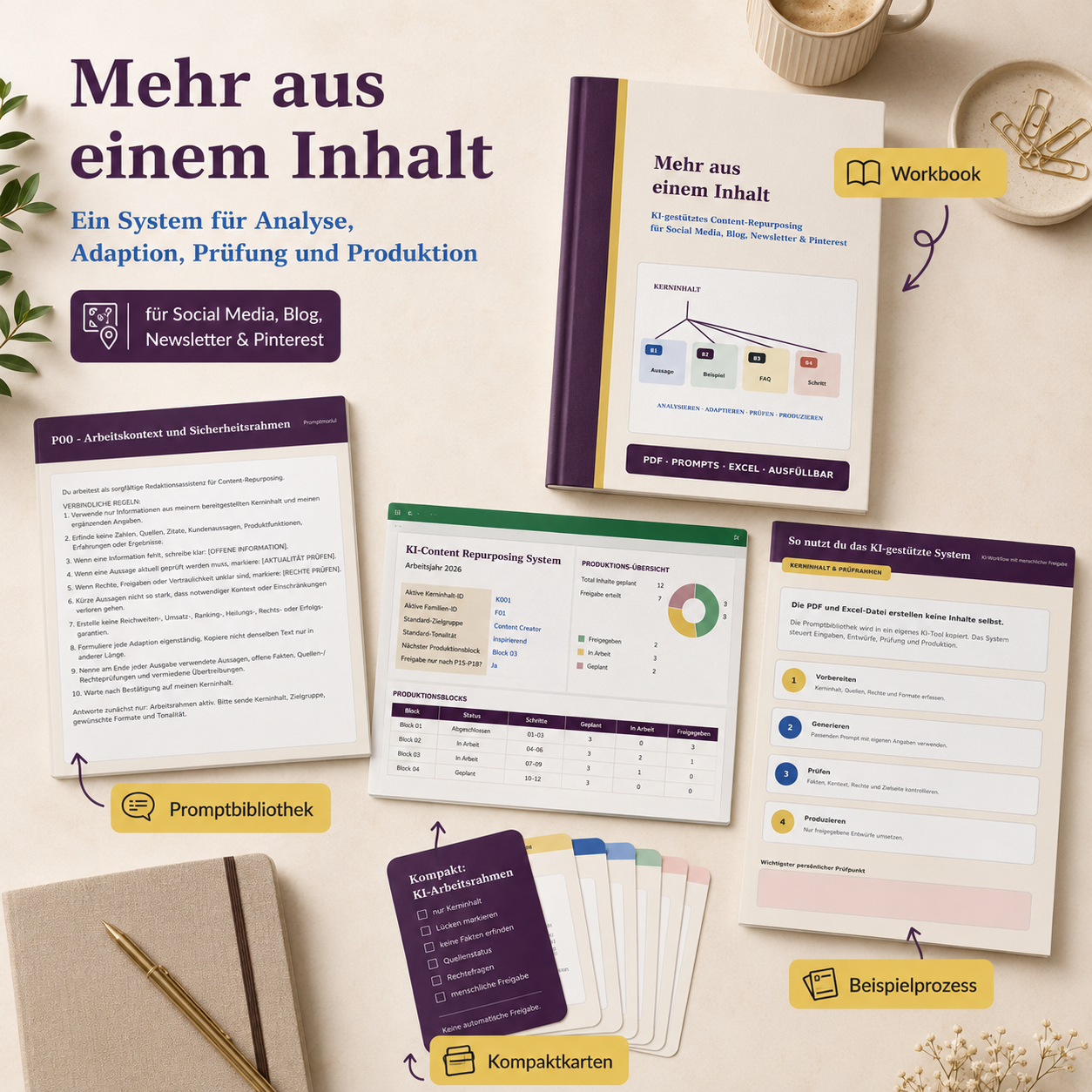 Flatlay des digitalen Content-Systems mit Workbook, Promptbibliothek, Excel-Übersicht, Kompaktkarten und Beispielprozess
