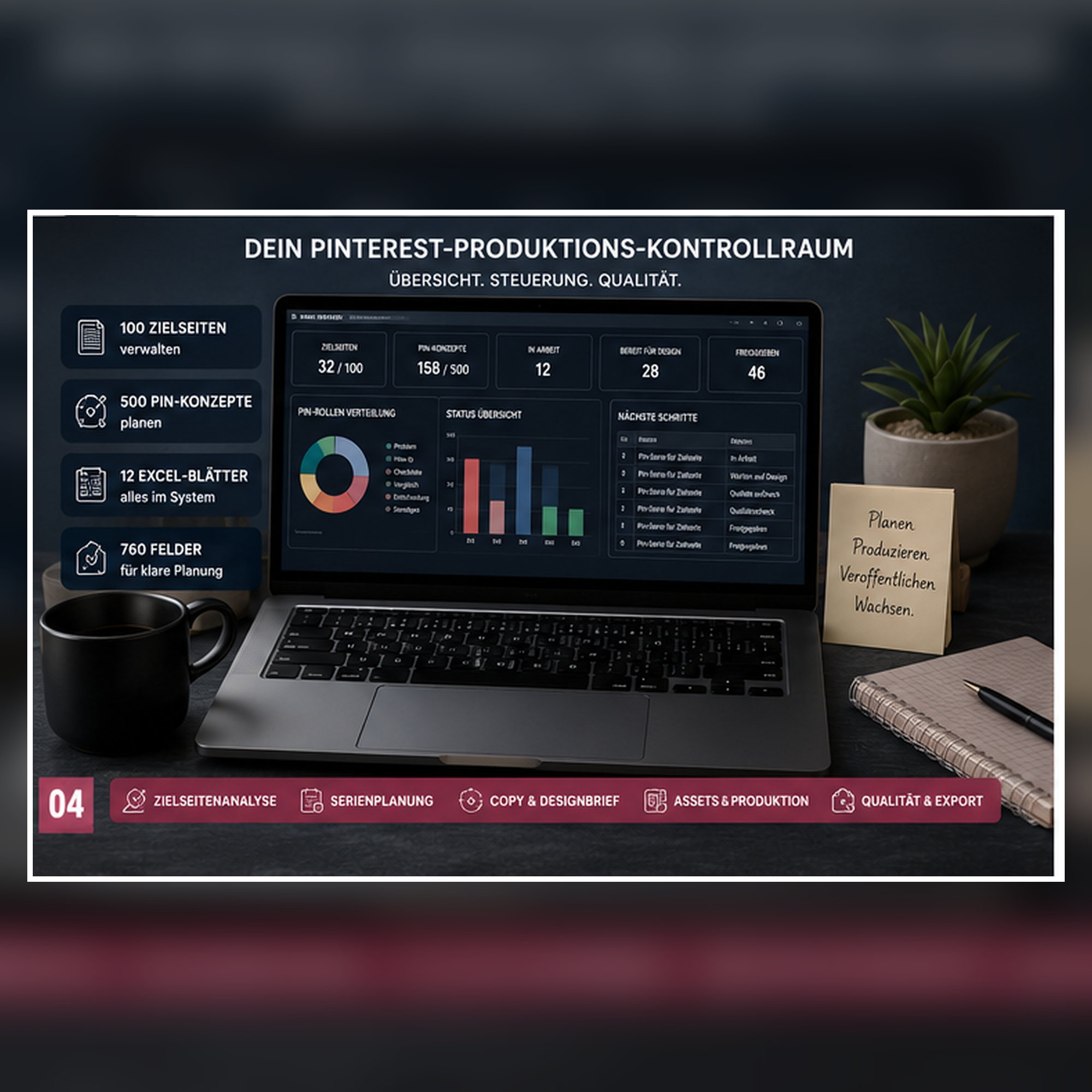 Pinterest-Produktionssystem mit Excel-Dashboard für Zielseiten, Pin-Konzepte, Copy, Designbriefs, Assets und Qualitätsprüfung