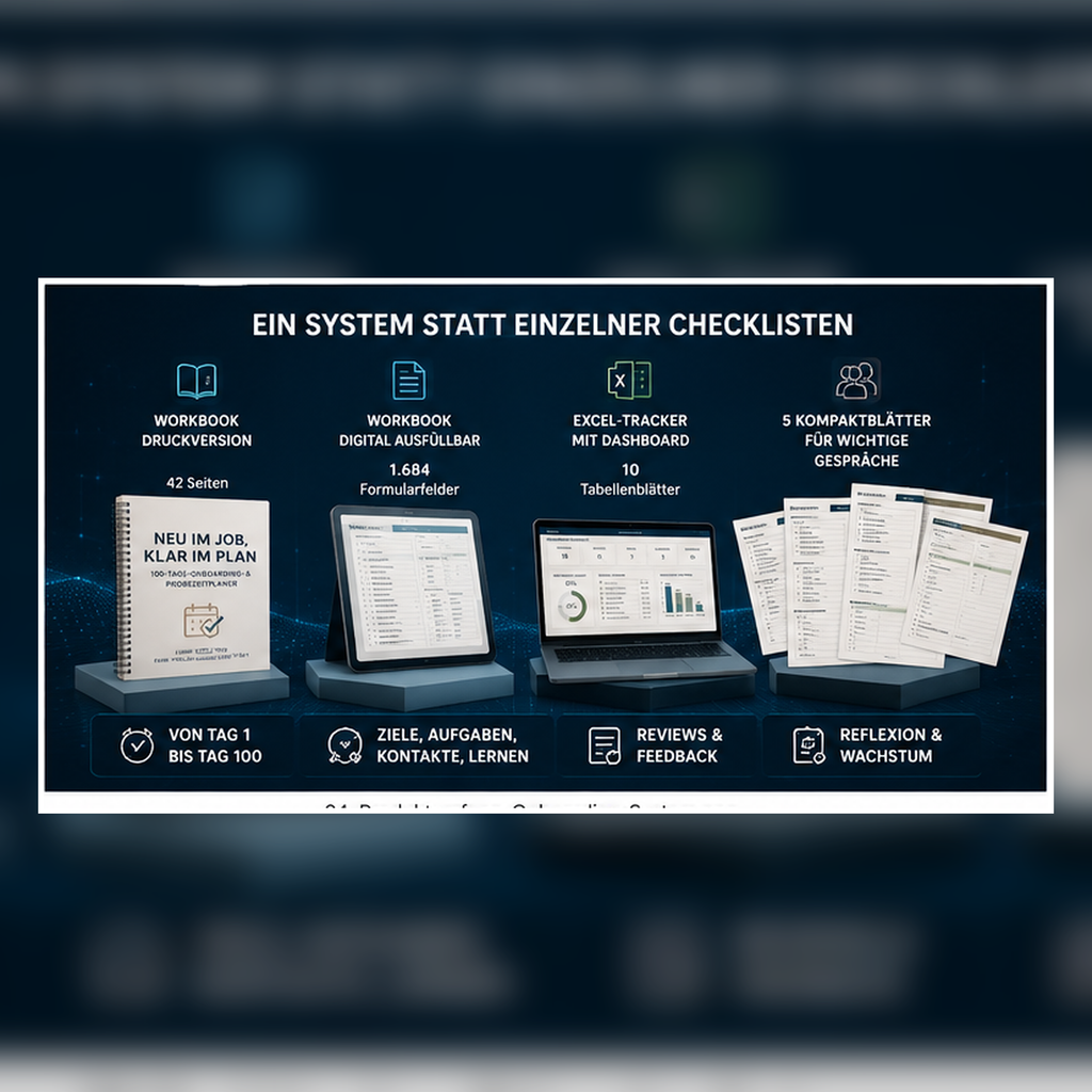 Übersicht des digitalen Onboarding-Systems mit Druckversion, ausfüllbarer PDF, Excel-Tracker und fünf Kompaktblättern