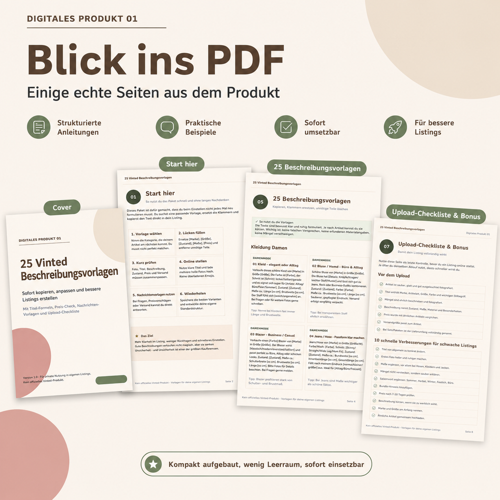 25 Vinted Beschreibungsvorlagen – PDF für Verkäufer & Reseller