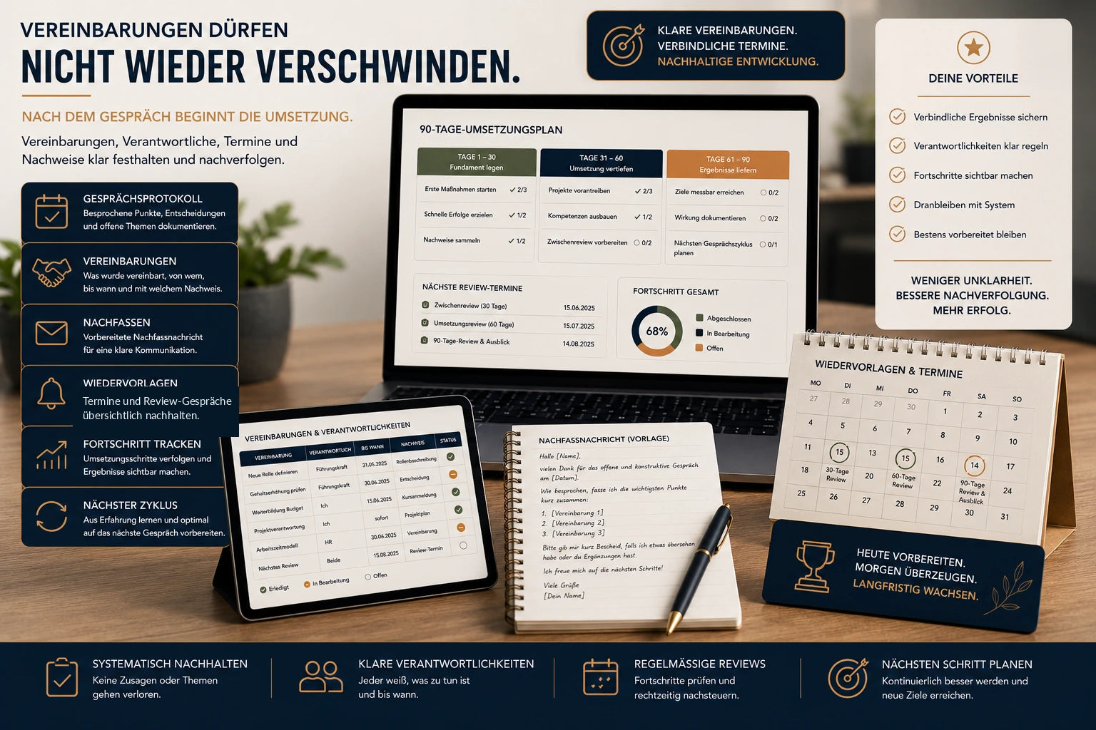 Vereinbarungen, Reviewtermine und 90-Tage-Umsetzungsplan nach dem Mitarbeitergespräch
