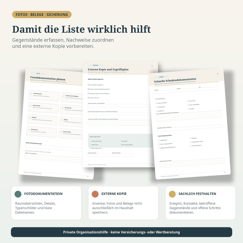Hausrat-Dokumentation mit Fotoplan, externer Sicherung und sachlicher Übersicht für betroffene Gegenstände und Vorgänge