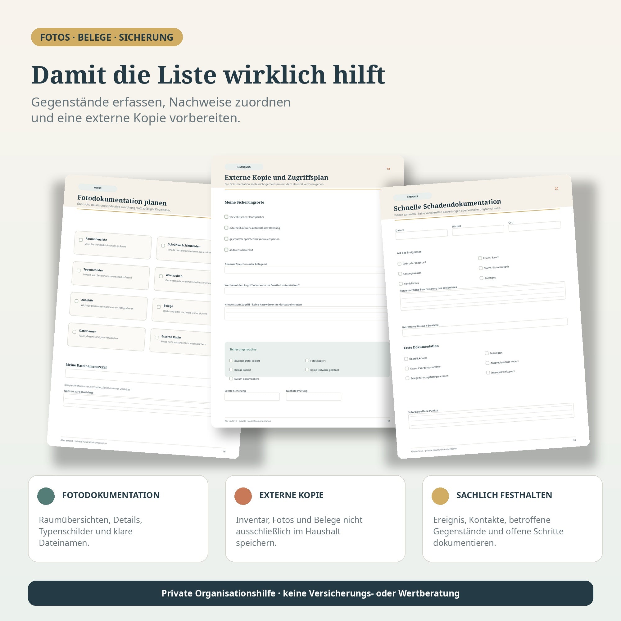 Hausrat-Dokumentation mit Fotoplan, externer Sicherung und sachlicher Übersicht für betroffene Gegenstände und Vorgänge
