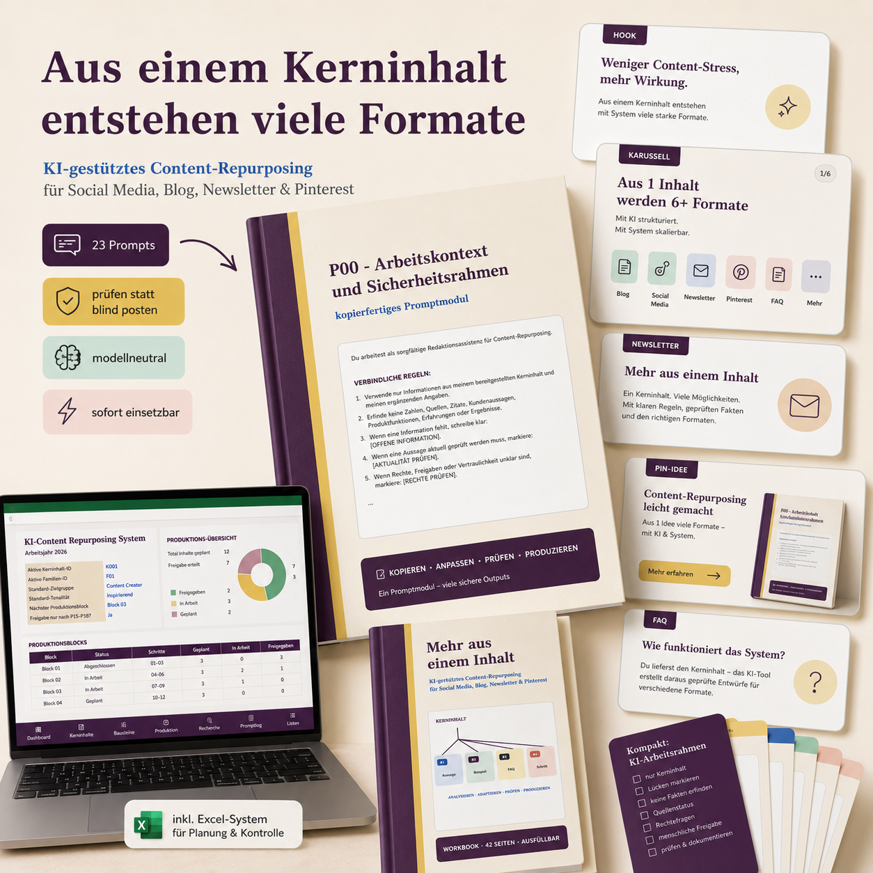 Mockup für KI-gestütztes Content-Repurposing mit Workbook, Excel-System und Beispielen für mehrere Formate aus einem Kerninhalt