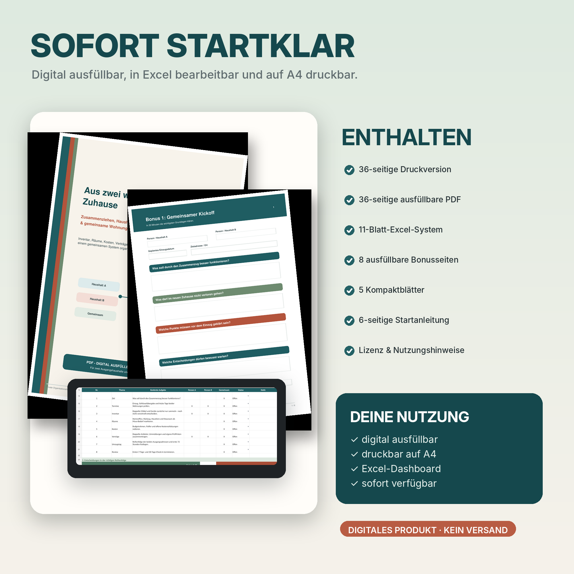 Digitaler Zusammenzugsplaner für Paare mit PDF, Excel-Datei, Bonusseiten und sofort nutzbaren Vorlagen zum Ausfüllen oder Ausdrucken