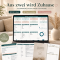 Aus zwei wird Zuhause Zusammenzugsplaner für Paare als PDF- und Excel-Mockup mit Dashboard, Planungsseiten und Wohnungsunterlagen