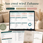 Aus zwei wird Zuhause Zusammenzugsplaner für Paare als PDF- und Excel-Mockup mit Dashboard, Planungsseiten und Wohnungsunterlagen