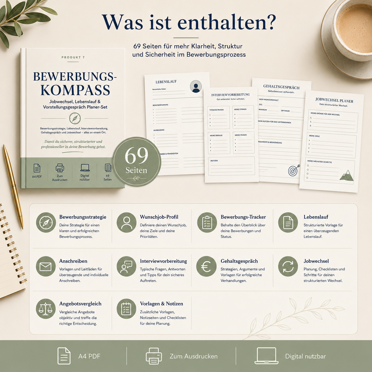 Bewerbungs-Kompass – Jobwechsel, Lebenslauf & Vorstellungsgespräch Planer-Set PDF