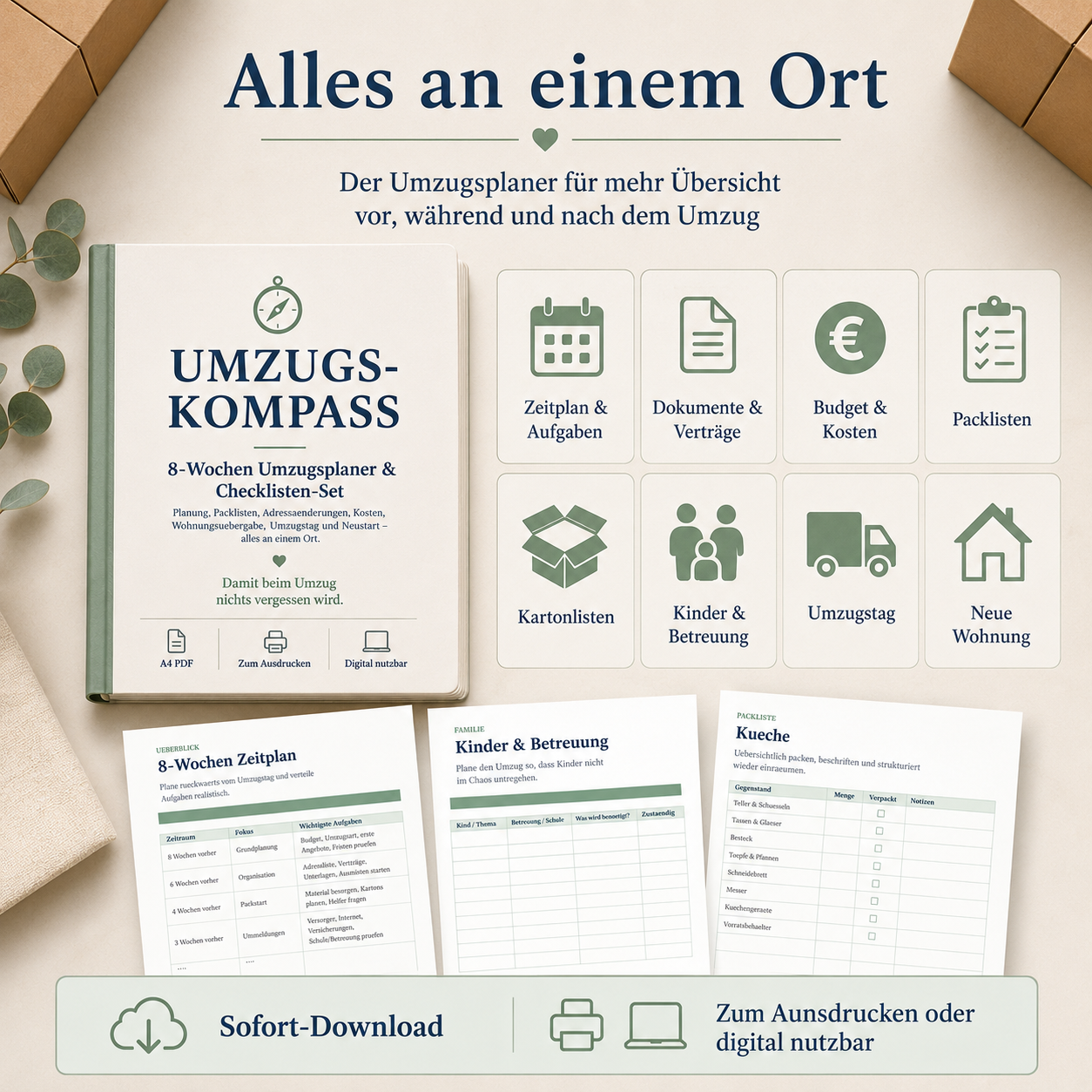 Umzugs-Kompass – 8-Wochen Umzugsplaner & Checklisten-Set PDF