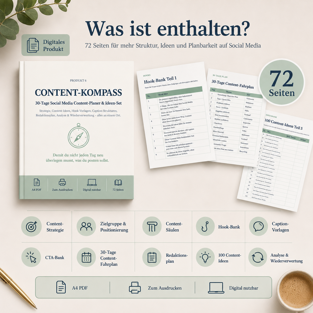 Beispielseiten aus dem Content-Kompass mit Hook-Bank, 30-Tage Content-Fahrplan und Content-Ideen