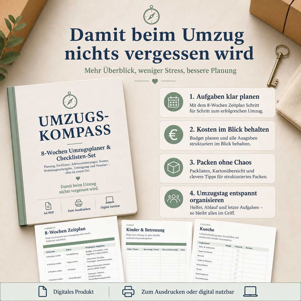Umzugs-Kompass – 8-Wochen Umzugsplaner & Checklisten-Set PDF