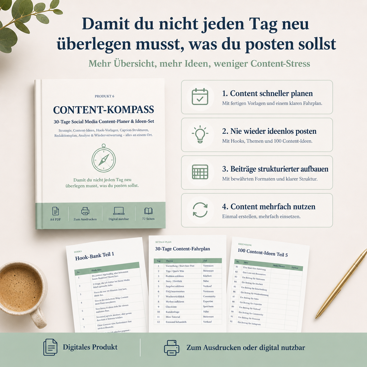 Content-Planer für Instagram, Pinterest, TikTok Reels und LinkedIn zum Ausdrucken