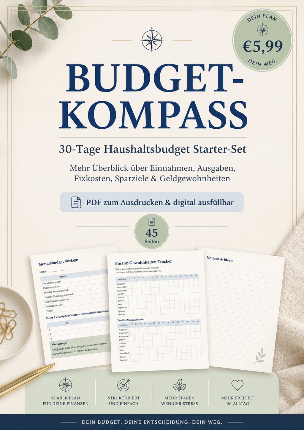 Budget-Kompass PDF – 30 Tage Haushaltsbudget Planer zum Downloaden