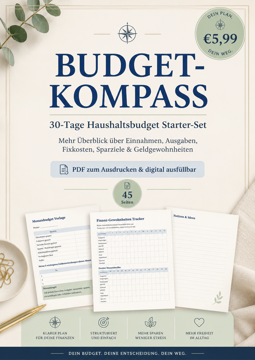 Budget-Kompass PDF – 30 Tage Haushaltsbudget Planer zum Downloaden