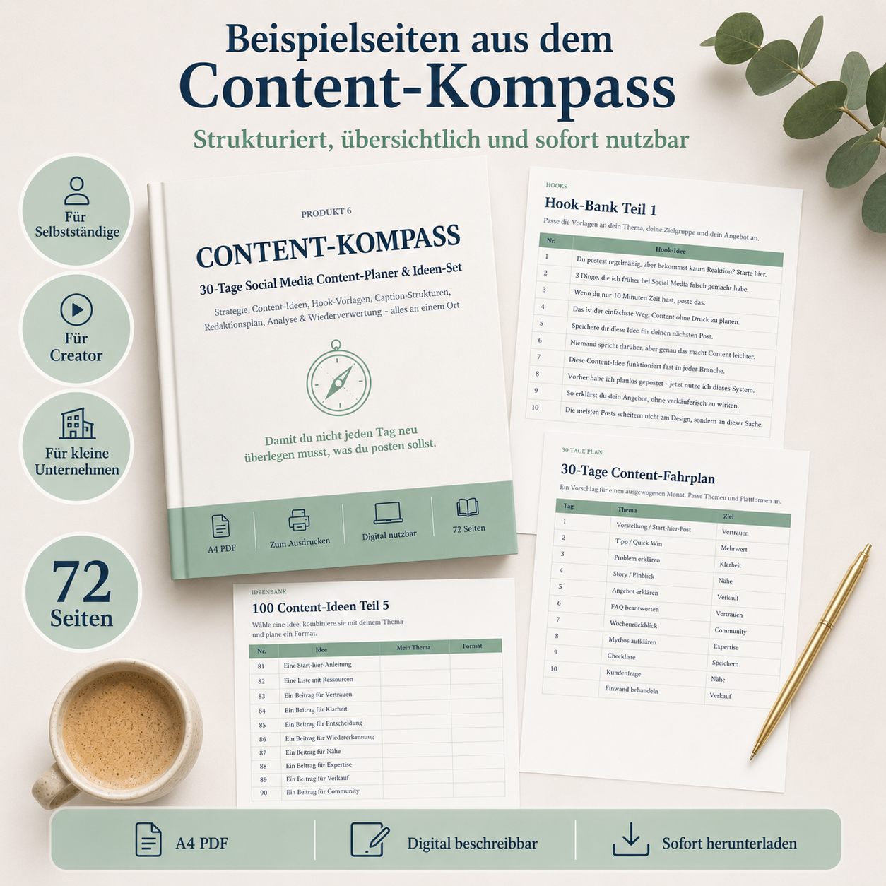 Content-Kompass Produktübersicht mit Content-Strategie, Hook-Bank, Caption-Vorlagen und 100 Content-Ideen