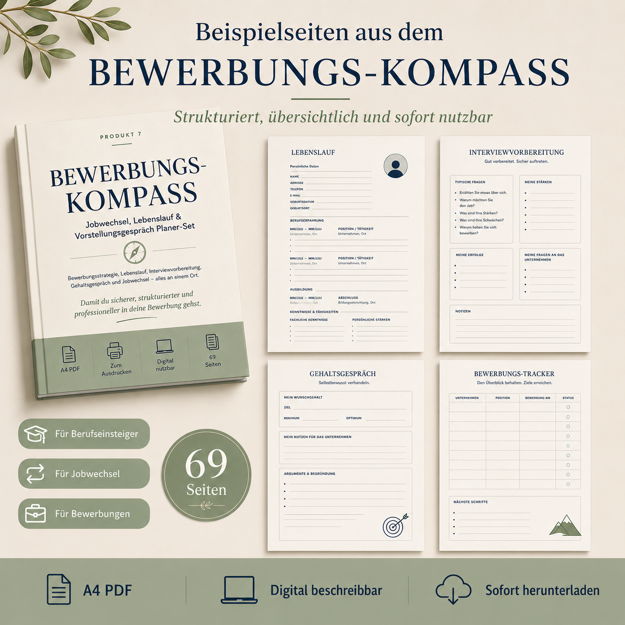 Bewerbungs-Kompass – Jobwechsel, Lebenslauf & Vorstellungsgespräch Planer-Set PDF