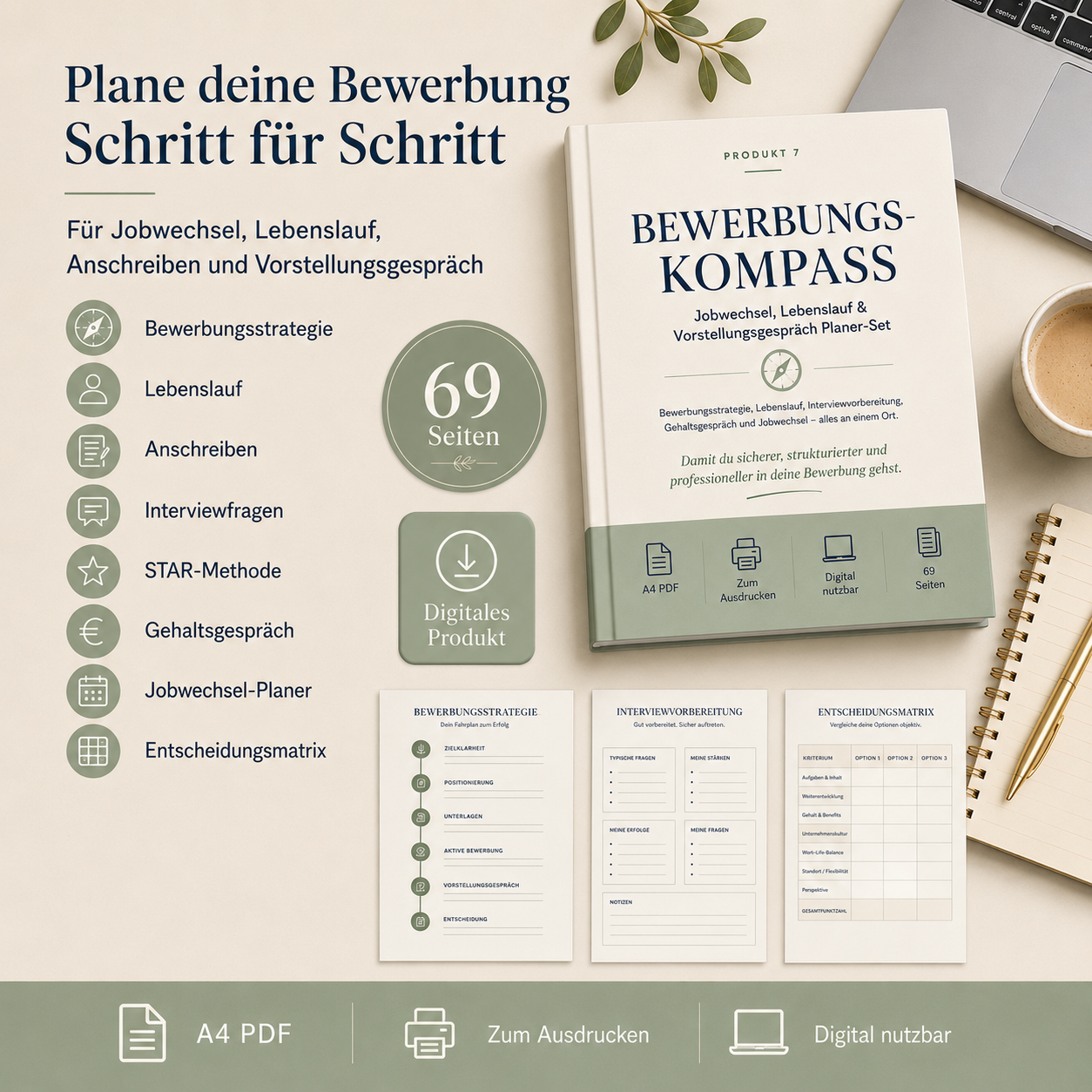 Bewerbungs-Kompass – Jobwechsel, Lebenslauf & Vorstellungsgespräch Planer-Set PDF