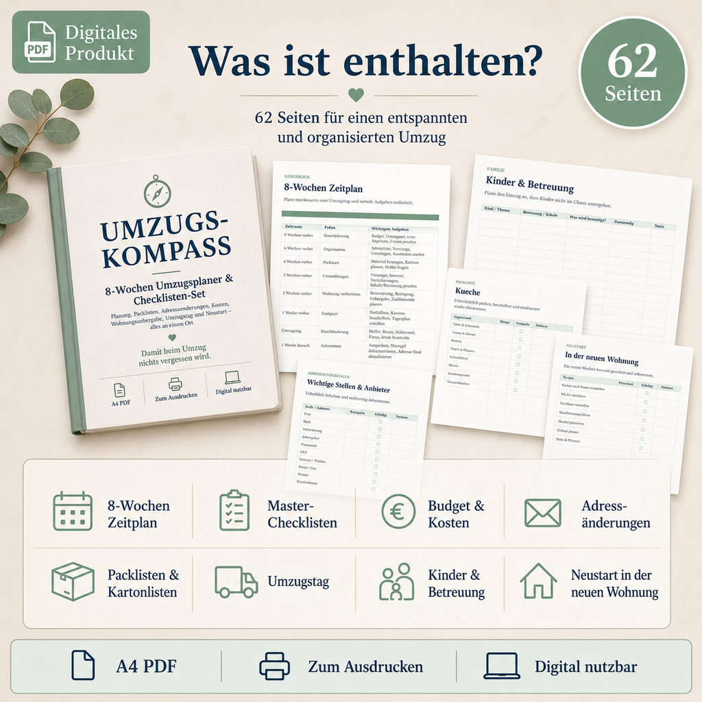 Umzugs-Kompass – 8-Wochen Umzugsplaner & Checklisten-Set PDF