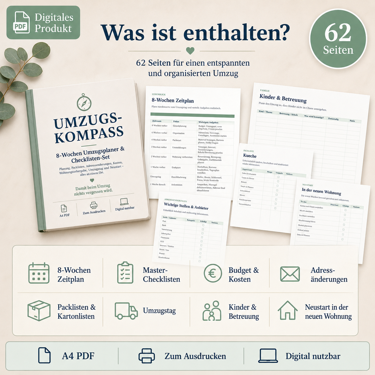 Umzugs-Kompass – 8-Wochen Umzugsplaner & Checklisten-Set PDF