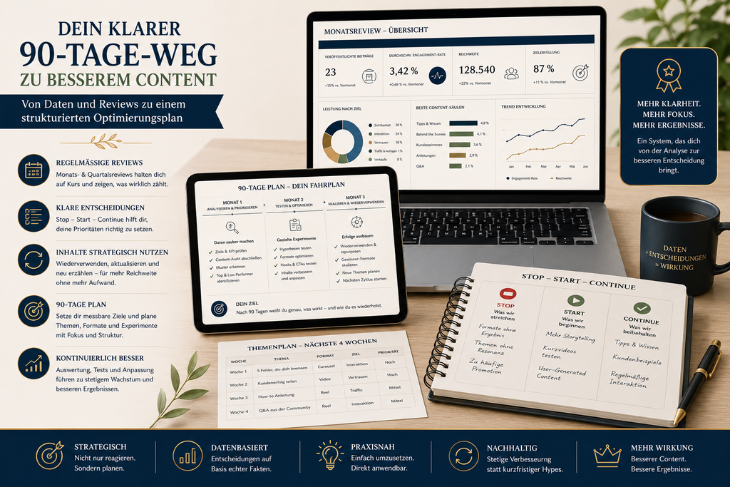 90-Tage-Content-Strategie mit Monatsreview, Stop-Start-Continue und datenbasiertem Optimierungsplan
