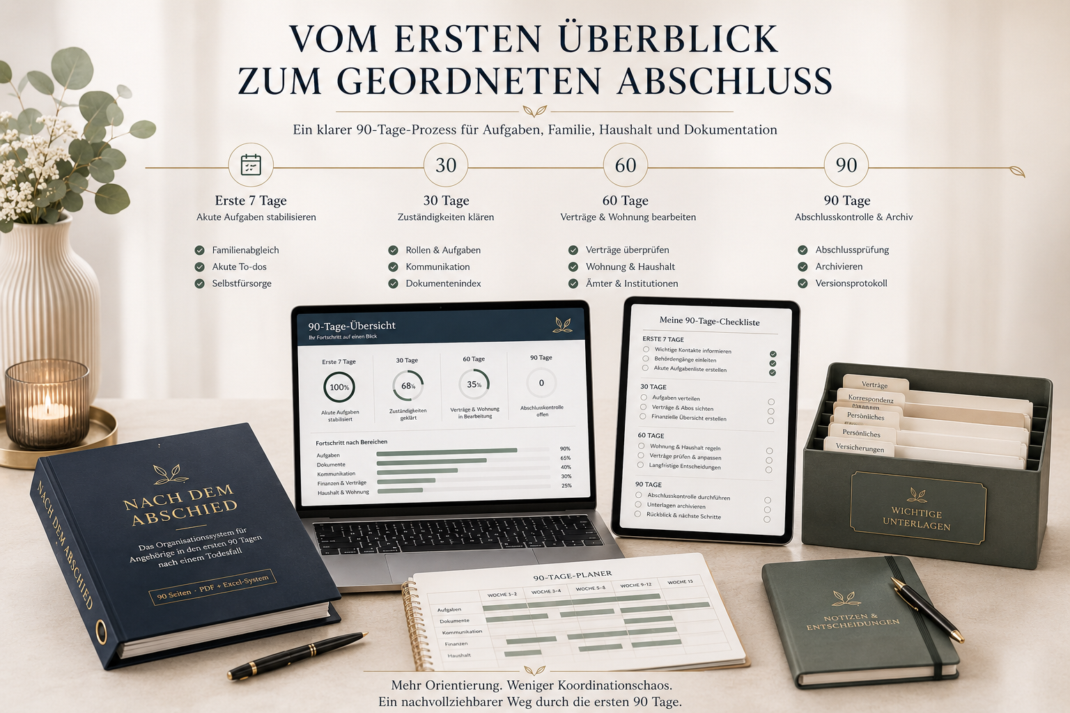90-Tage-Plan für Angehörige mit Aufgaben, Zuständigkeiten, Dokumenten und geordnetem Abschluss
