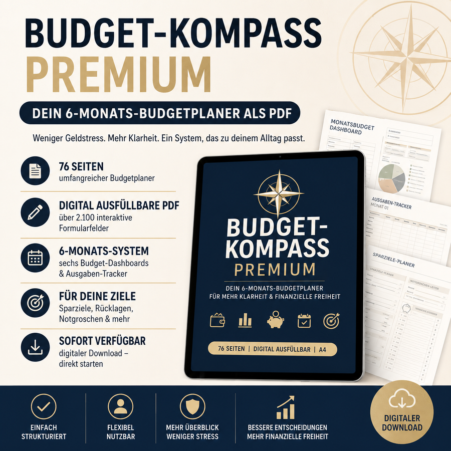 Budget-Kompass Premium als 76-seitiger digital ausfüllbarer Budgetplaner mit 6-Monats-System