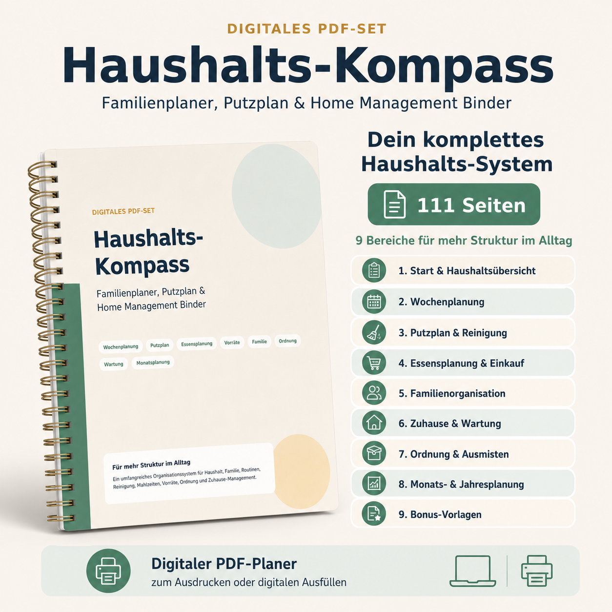 Haushalts-Kompass PDF – Familienplaner, Putzplan & Home Management Binder