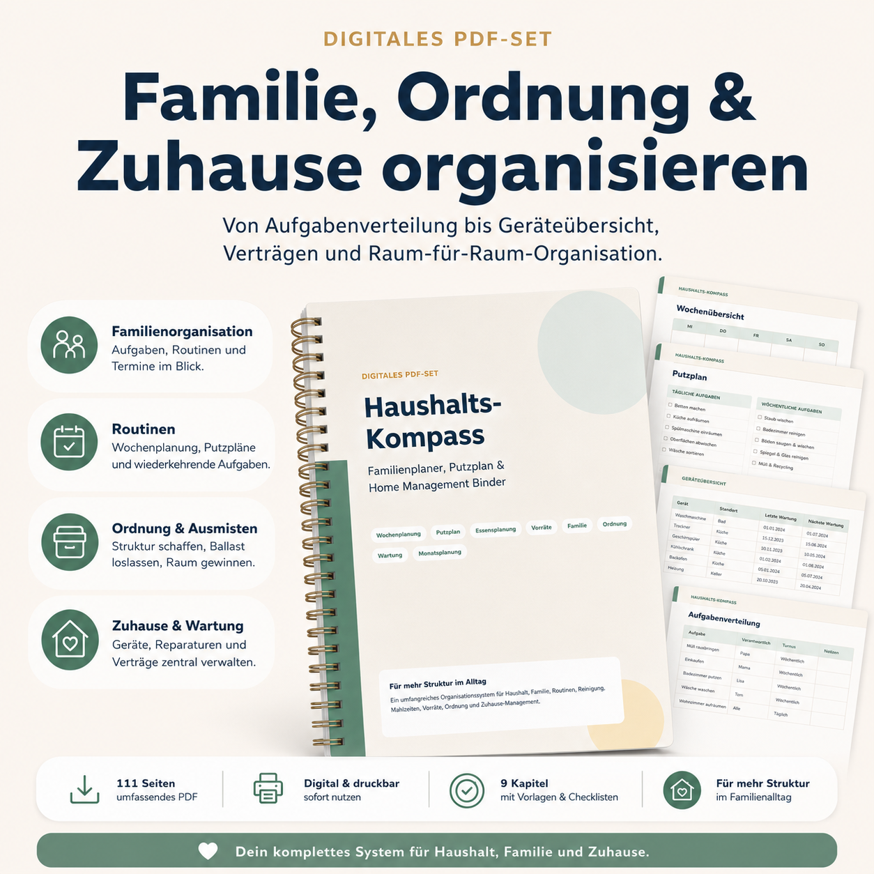 Haushalts-Kompass PDF – Familienplaner, Putzplan & Home Management Binder