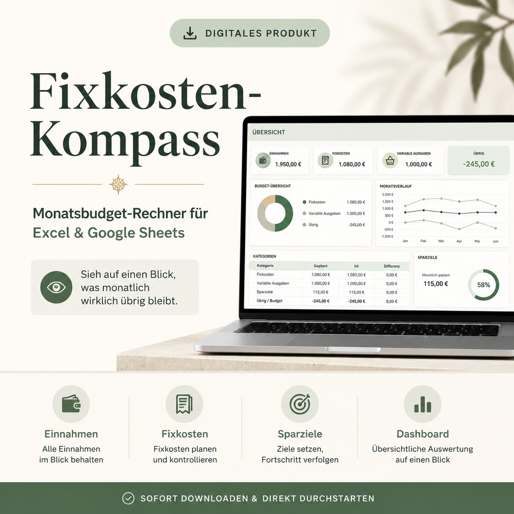 Fixkosten-Kompass – Monatsbudget-Rechner für Excel & Google Sheets