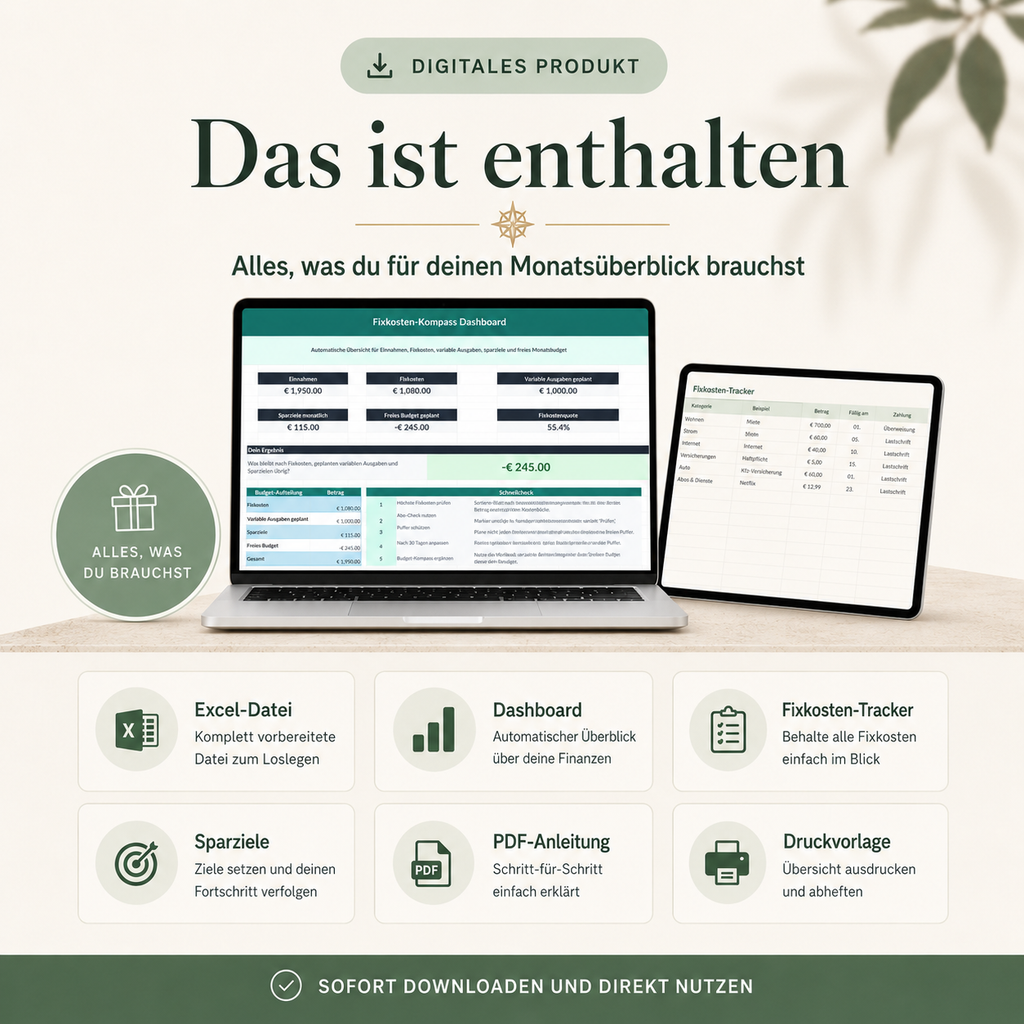 Fixkosten-Kompass – Monatsbudget-Rechner für Excel & Google Sheets