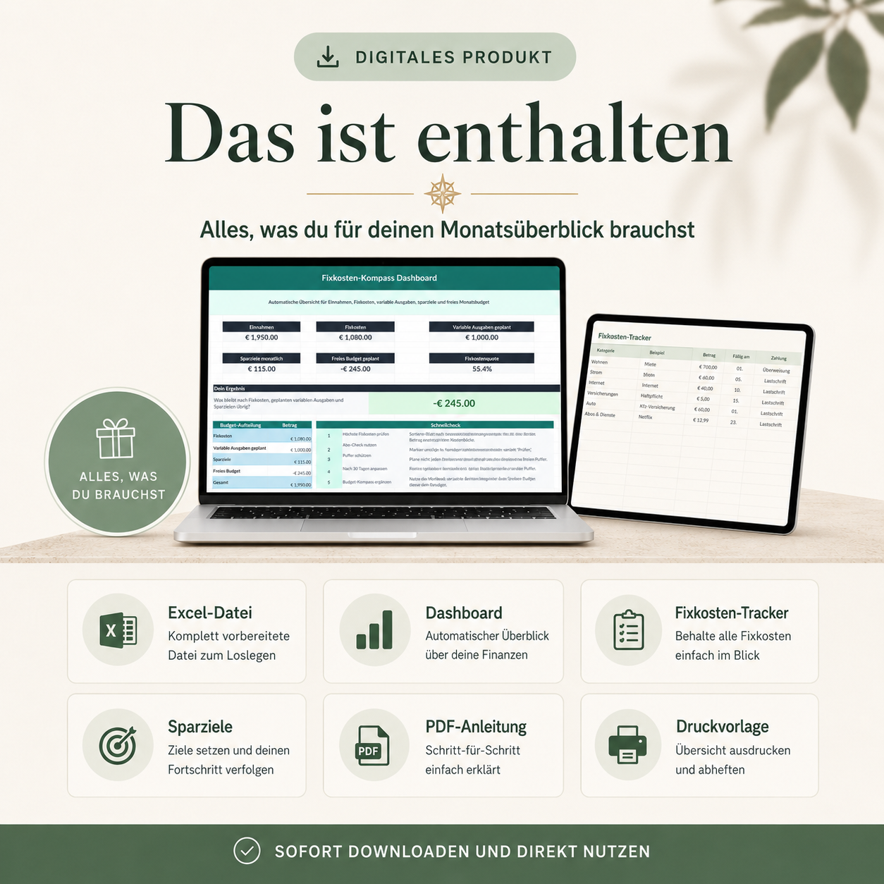 Fixkosten-Kompass – Monatsbudget-Rechner für Excel & Google Sheets