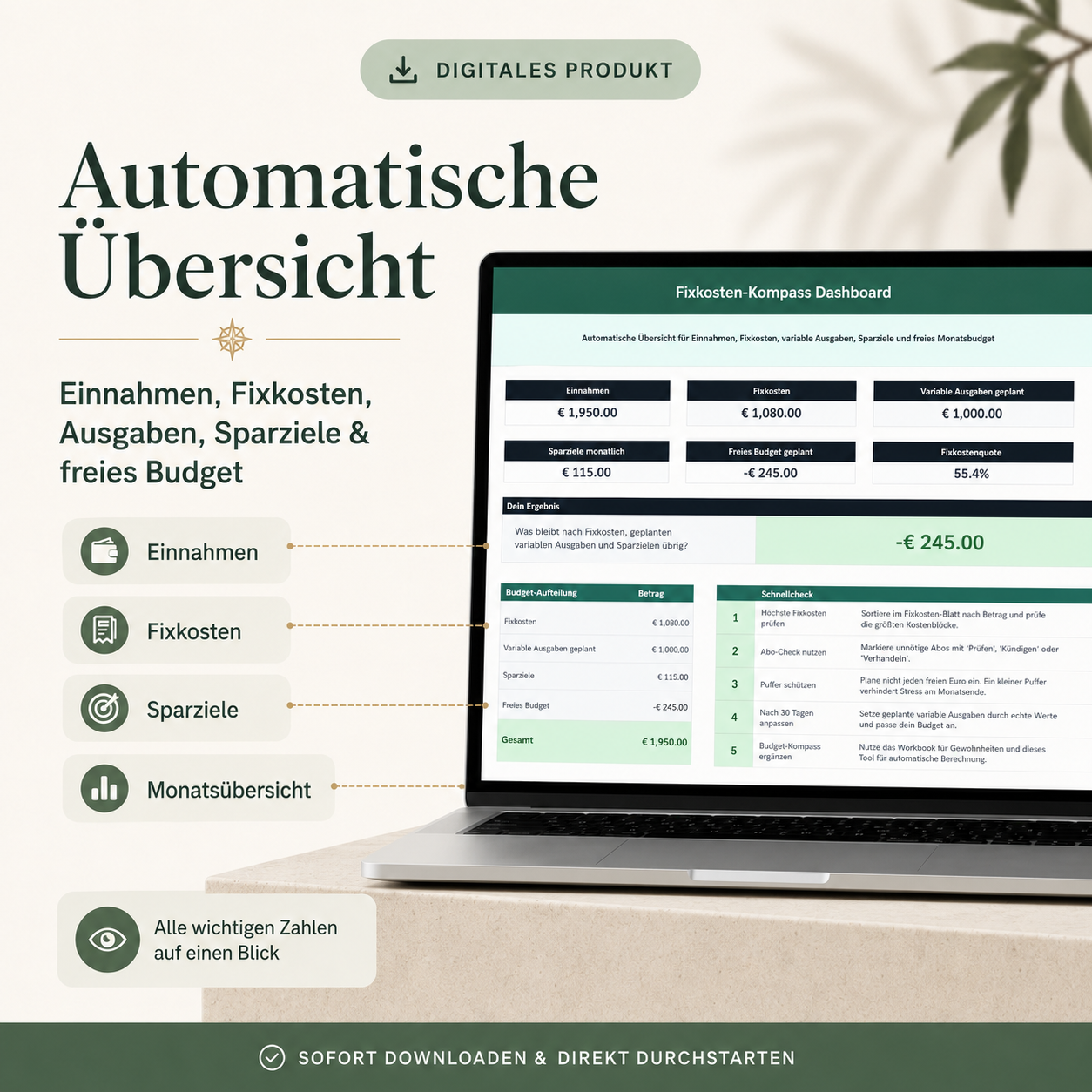 Fixkosten-Kompass – Monatsbudget-Rechner für Excel & Google Sheets