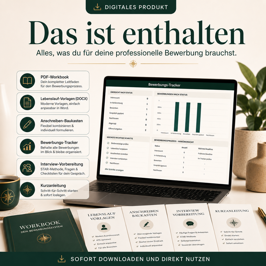Jobwechsel-Kompass Pro – Bewerbungsmappe, Lebenslauf-System & Interview-Vorbereitung