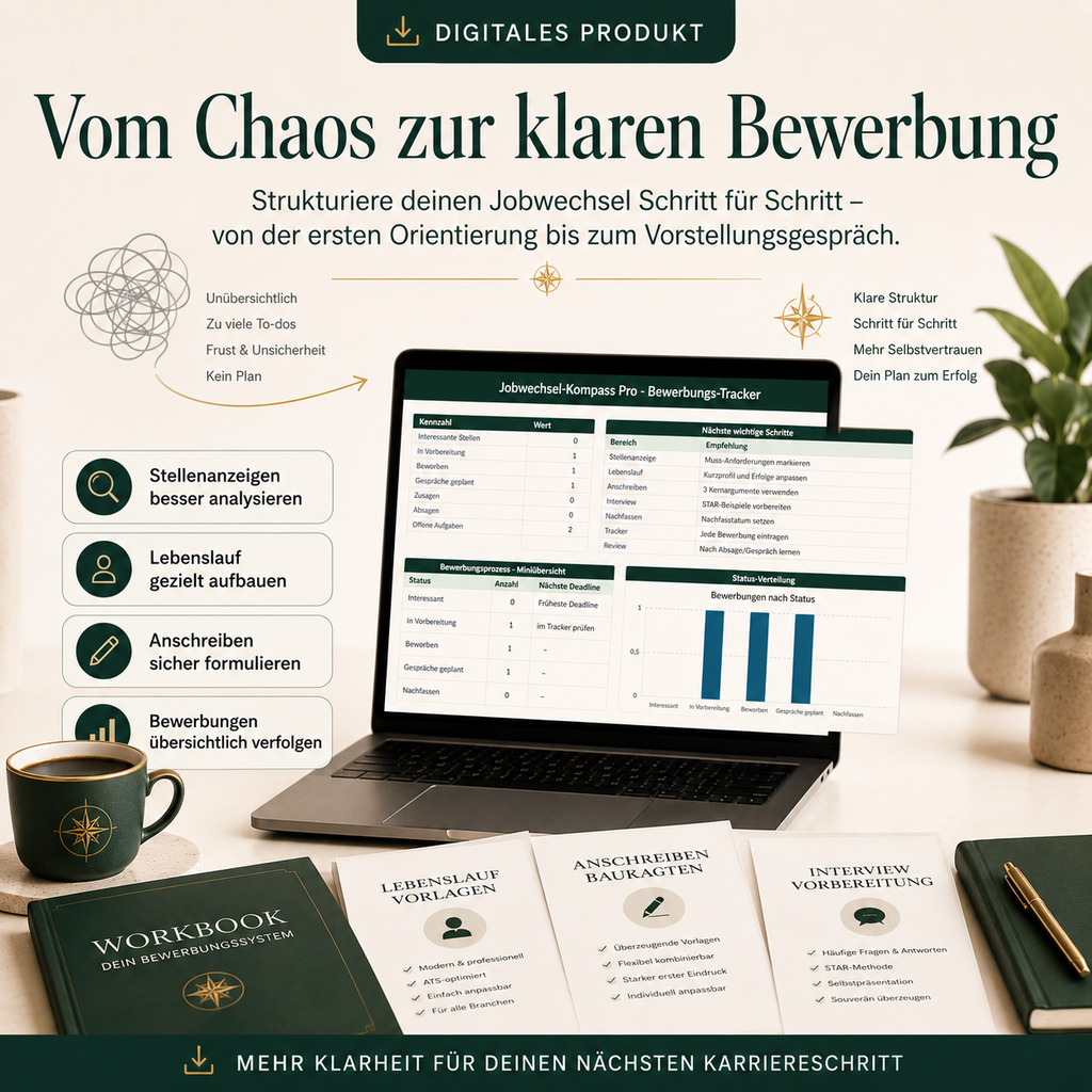 Jobwechsel-Kompass Pro – Bewerbungsmappe, Lebenslauf-System & Interview-Vorbereitung