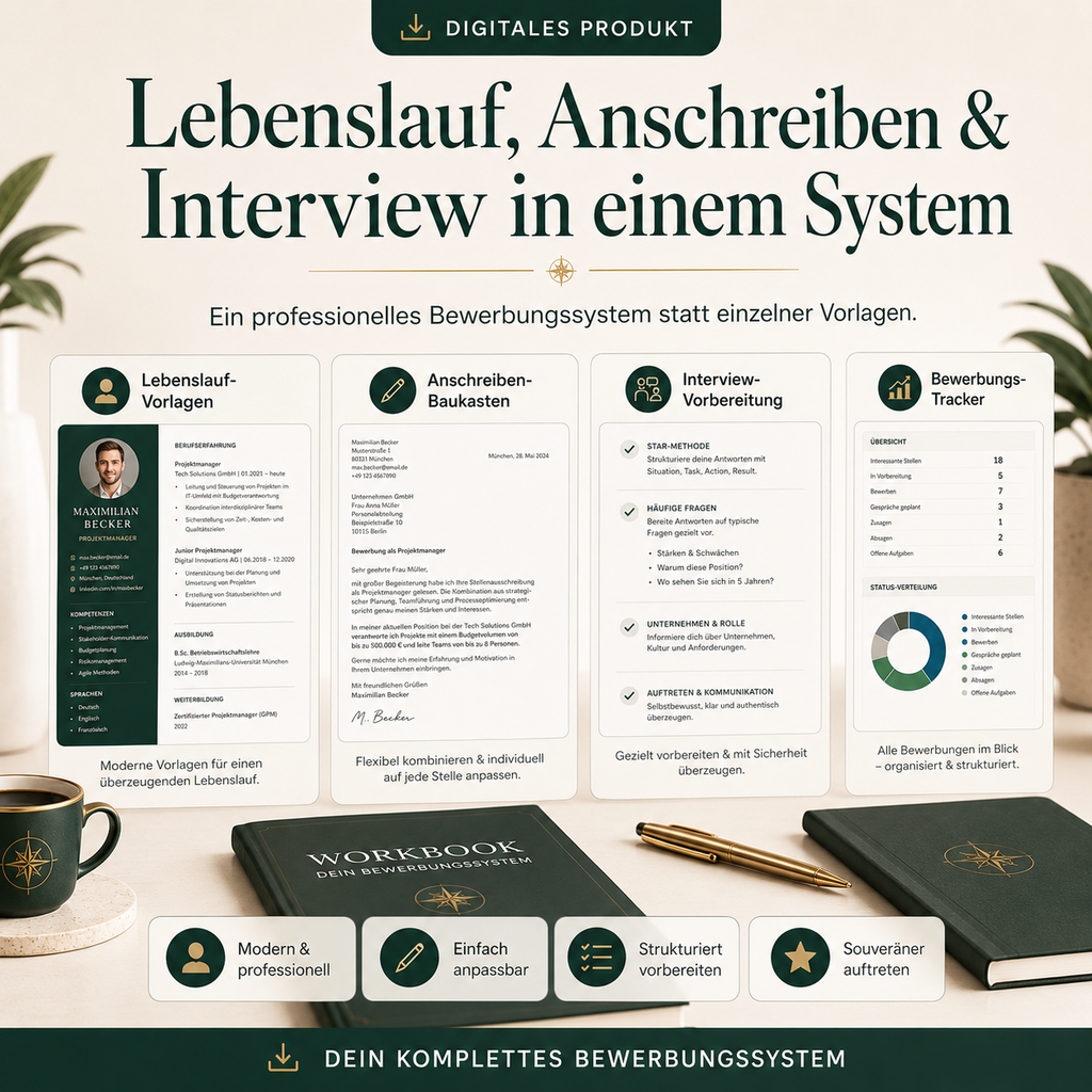 Jobwechsel-Kompass Pro – Bewerbungsmappe, Lebenslauf-System & Interview-Vorbereitung