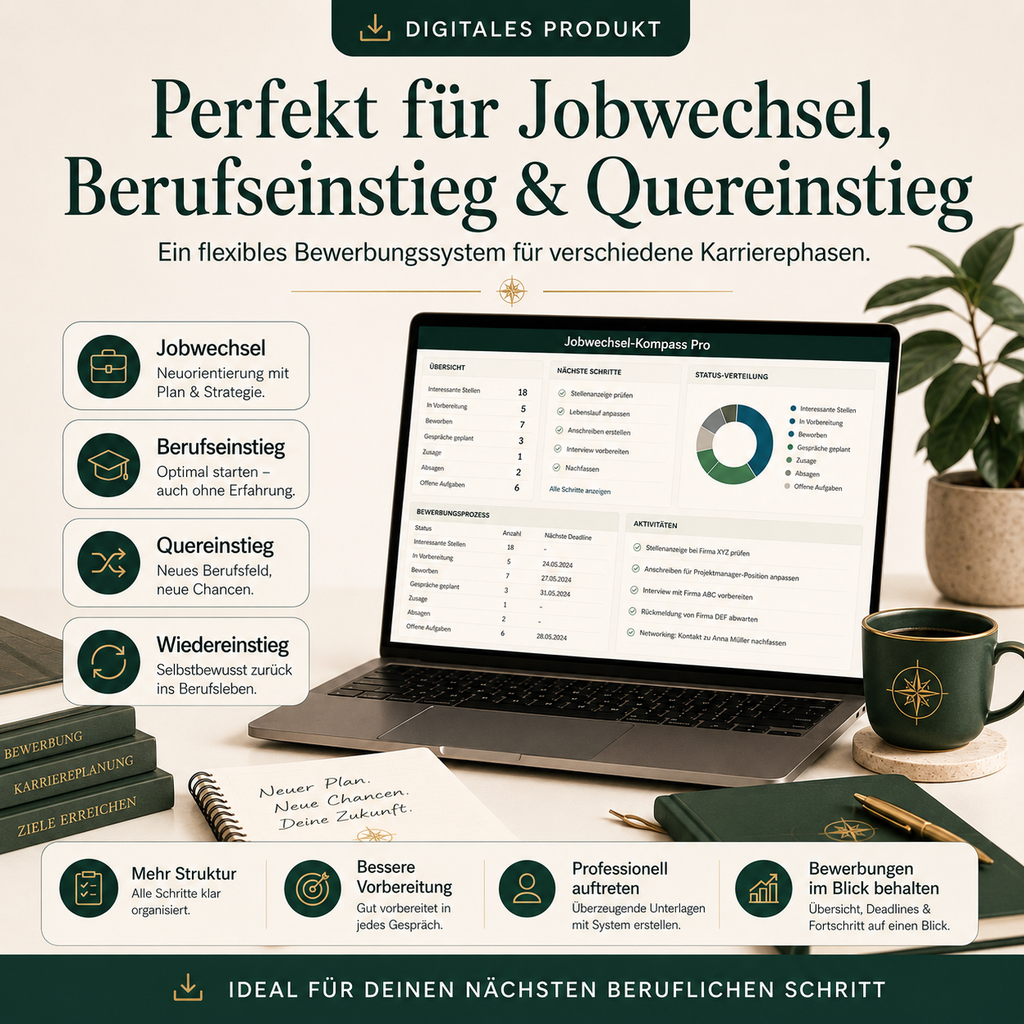 Jobwechsel-Kompass Pro – Bewerbungsmappe, Lebenslauf-System & Interview-Vorbereitung