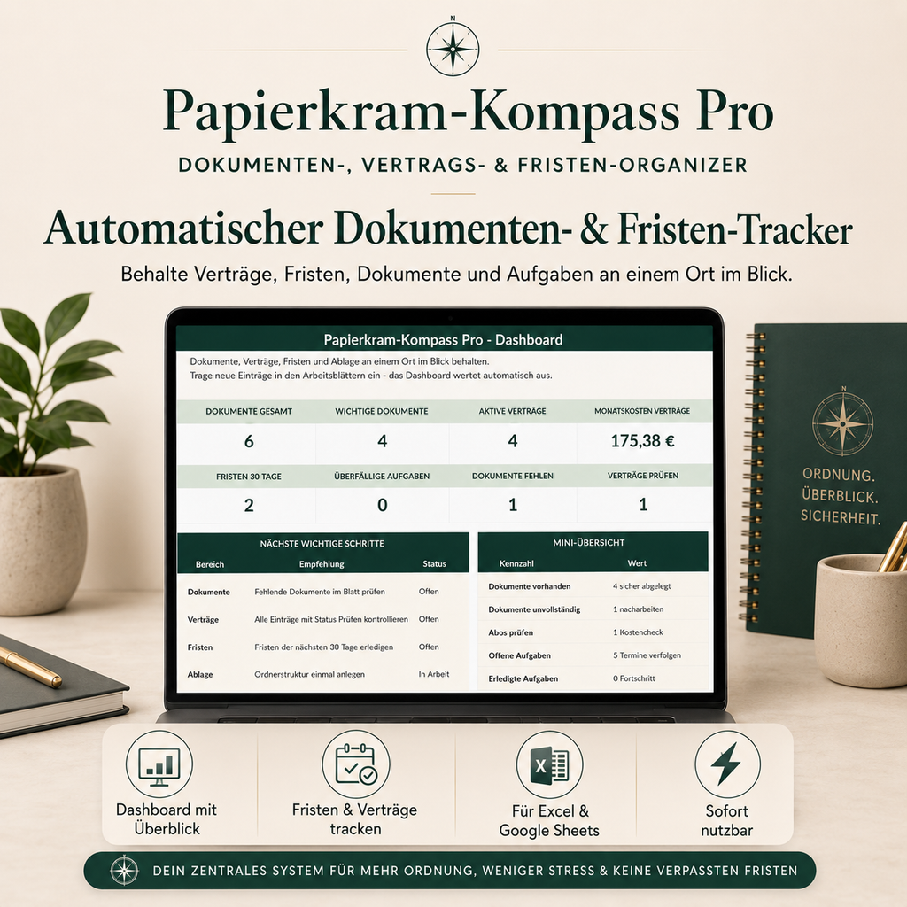 Papierkram-Kompass Pro – Dokumenten-, Vertrags- & Fristen-Organizer